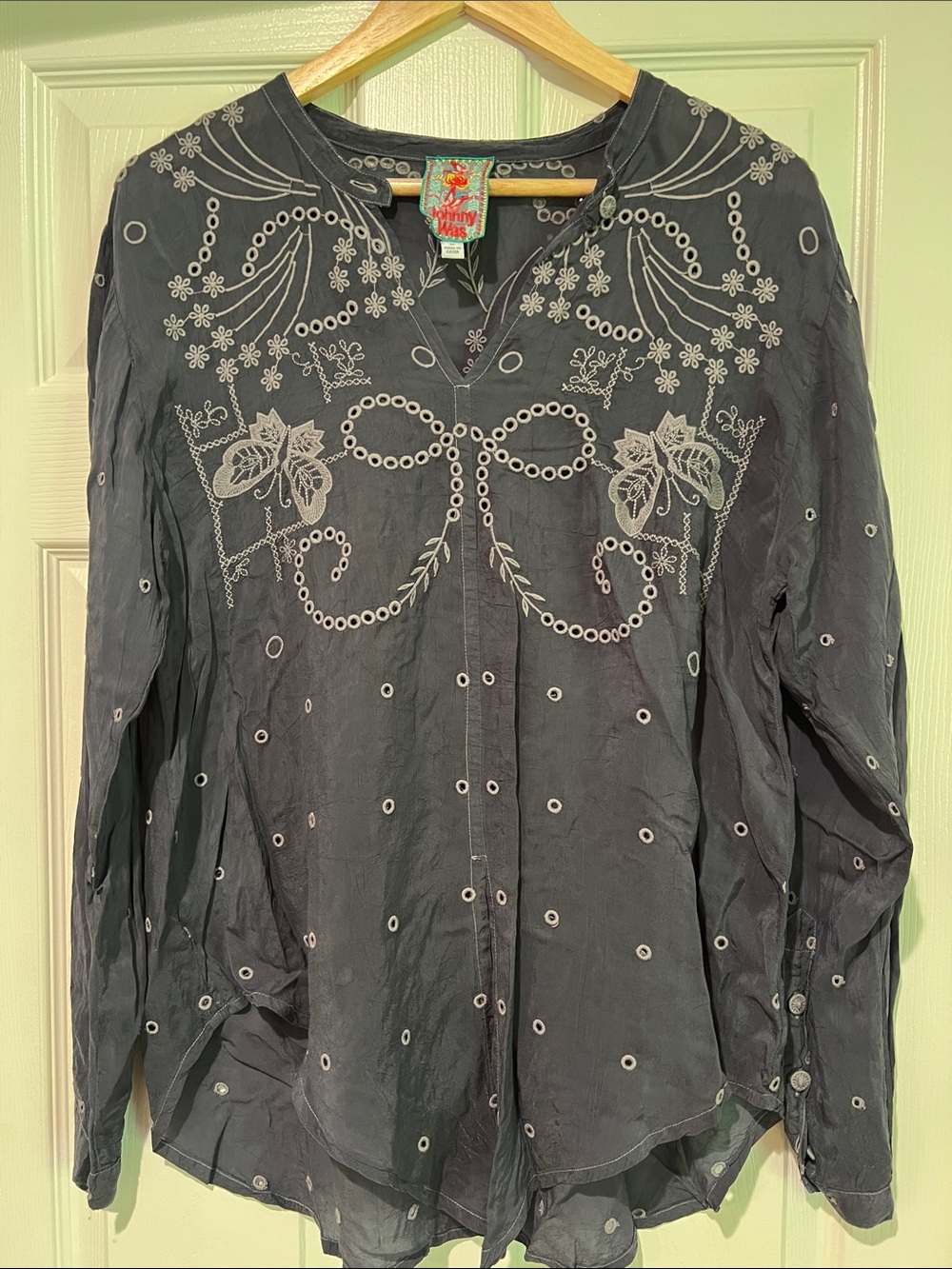Johnny Was Gray Embroidered Floral Blouse